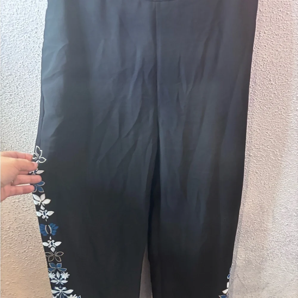 Chico's Black and Blue Floral Wide Leg Pants